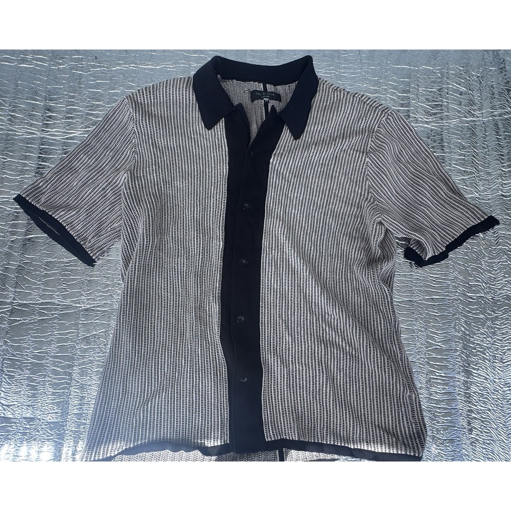 Rag & Bone Textured Knit Polo Shirt Men's Medium Black White Button Front